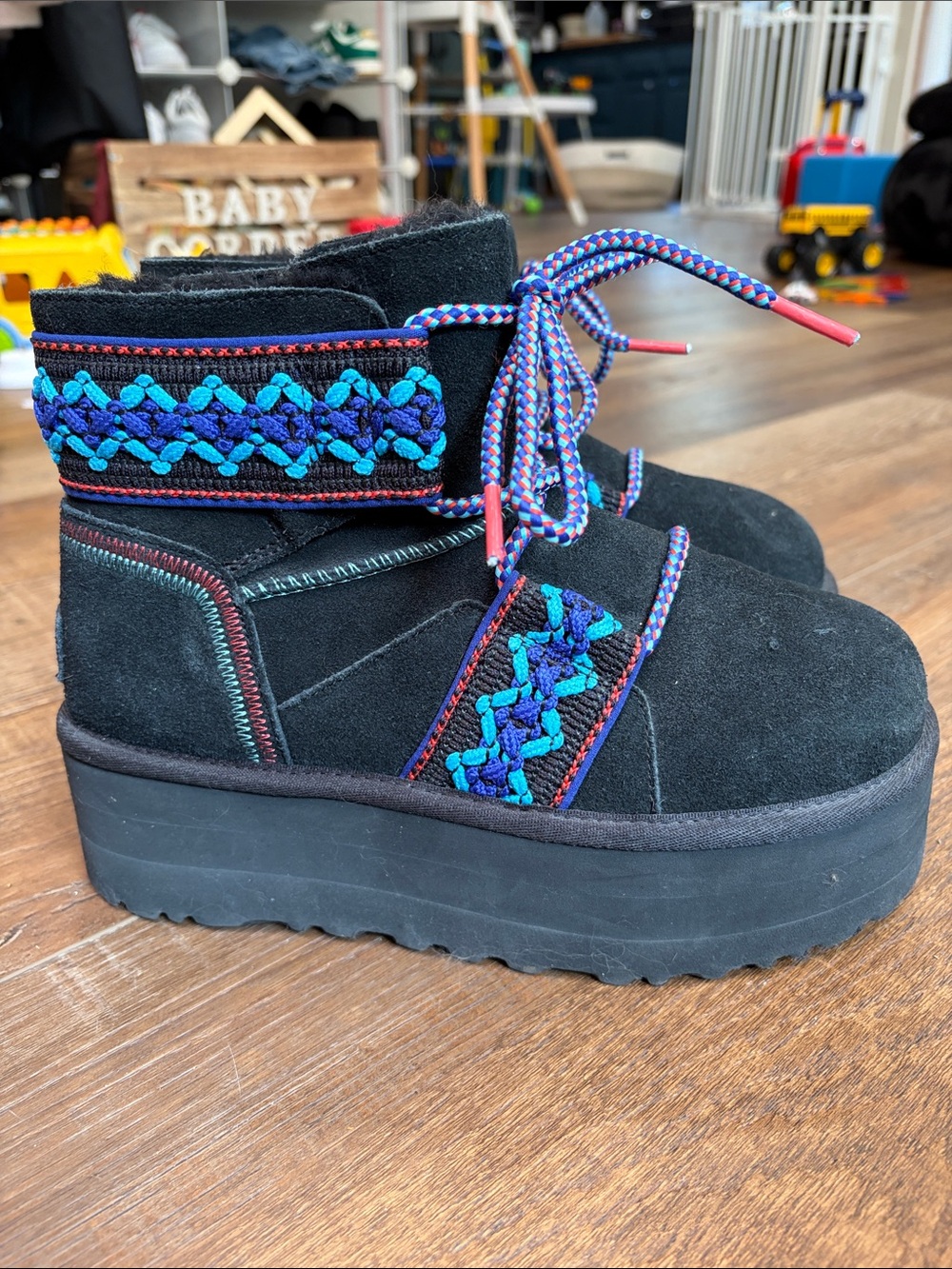 UGG Black Suede Winter Boots with Blue & Purple Trim